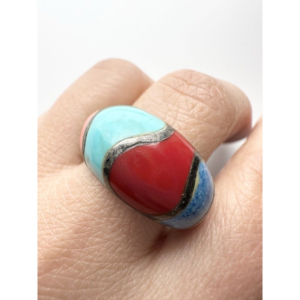 Vintage 925 Sterling Silver Turquoise Multi Gemstone Dome Ring Size 9
